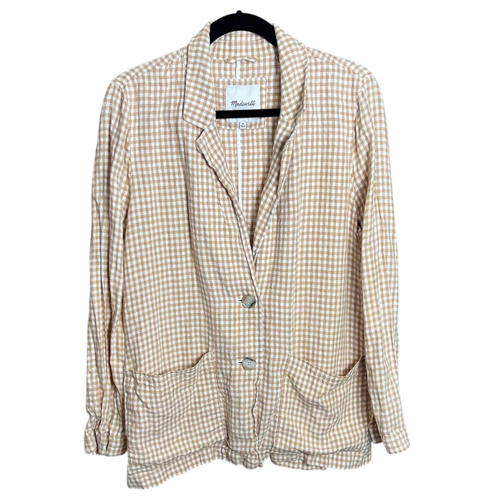 Madewell Dorset Gingham Linen Blazer Tan White Relaxed Lightweight Jacket - XL